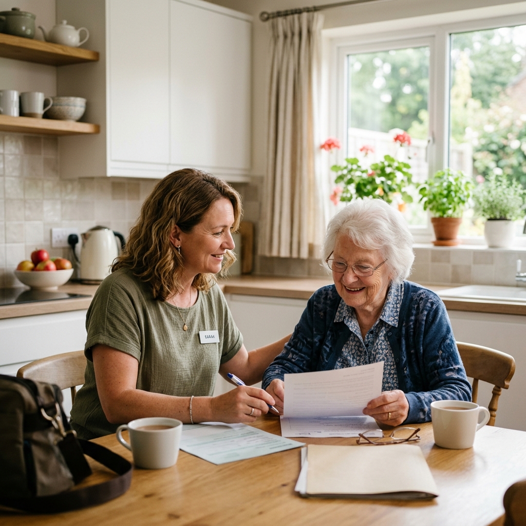 A support worker helping a participant with daily living tasks in a warm, bright kitchen
