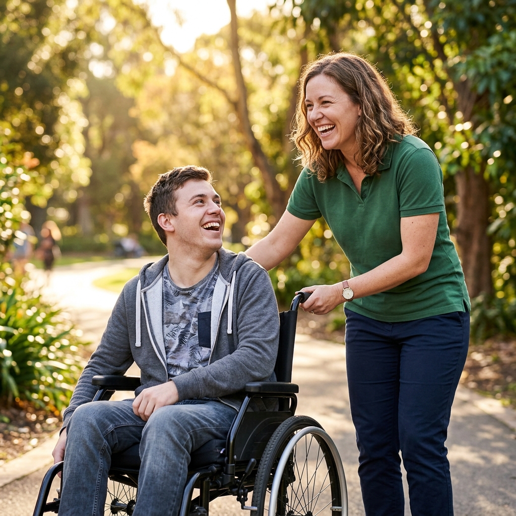 A friendly support worker helping a participant outdoors in a sunny park, both sharing a genuine laugh